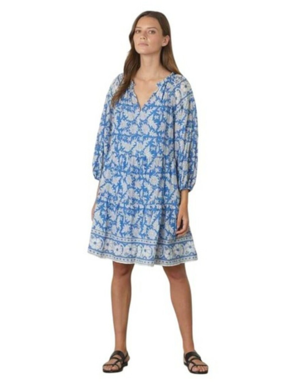Velvet By Graham & Spencer Dress Blue Cream Floral Boho Prairie XS 100% Cotton